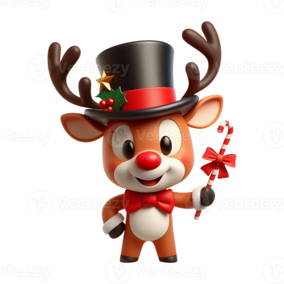 3D festive character deer in black top hat and red bow tie, in his hand he has striped candy cane png