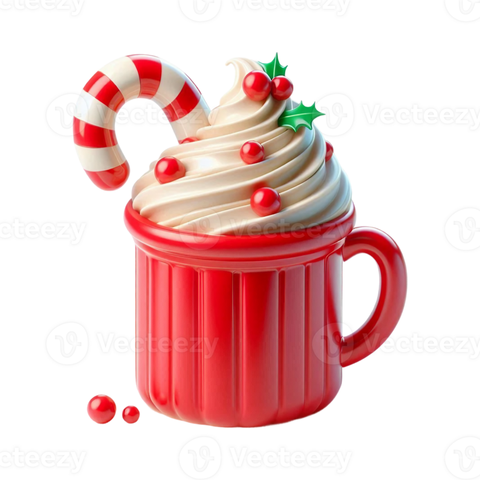 3d sweet hot chocolate decorated with marshmallow topping and striped candy cane in red ceramic mug png