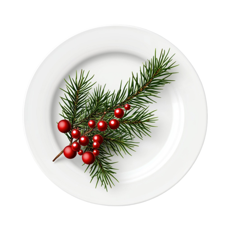 christmas plate with fir branch and red berries on white plate png