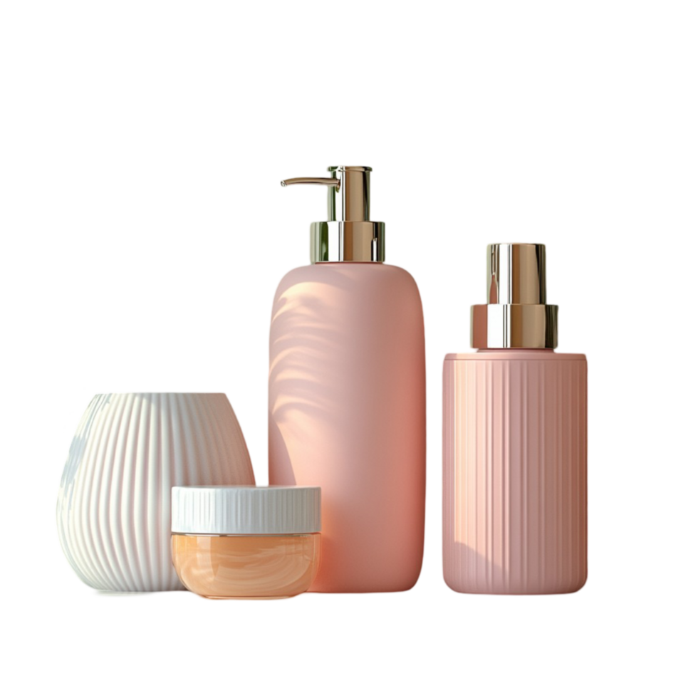 three pink cosmetic bottles and a soap dispenser png