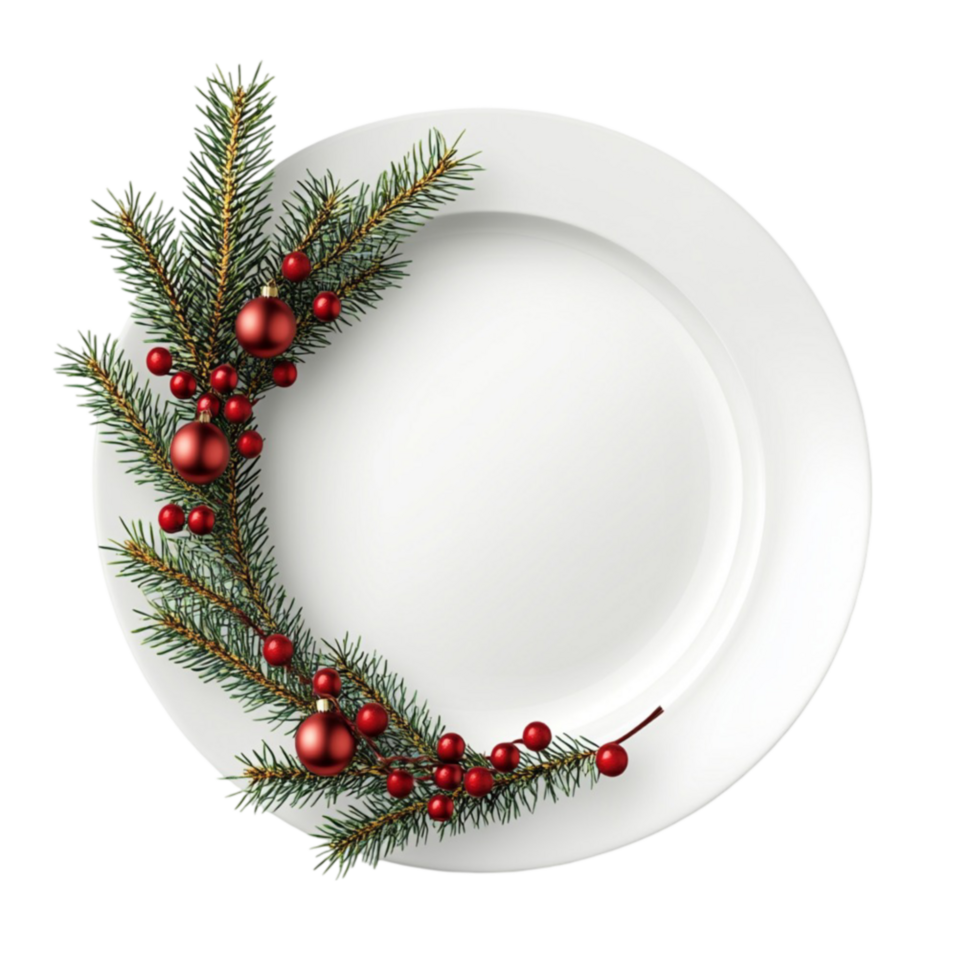christmas plate with fir branch and red berries on a white plate png