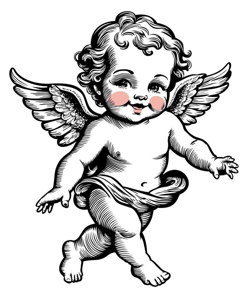Vintage Cupid or little angel with rosy cheeks. Black and white engraving. isolated illustration vector