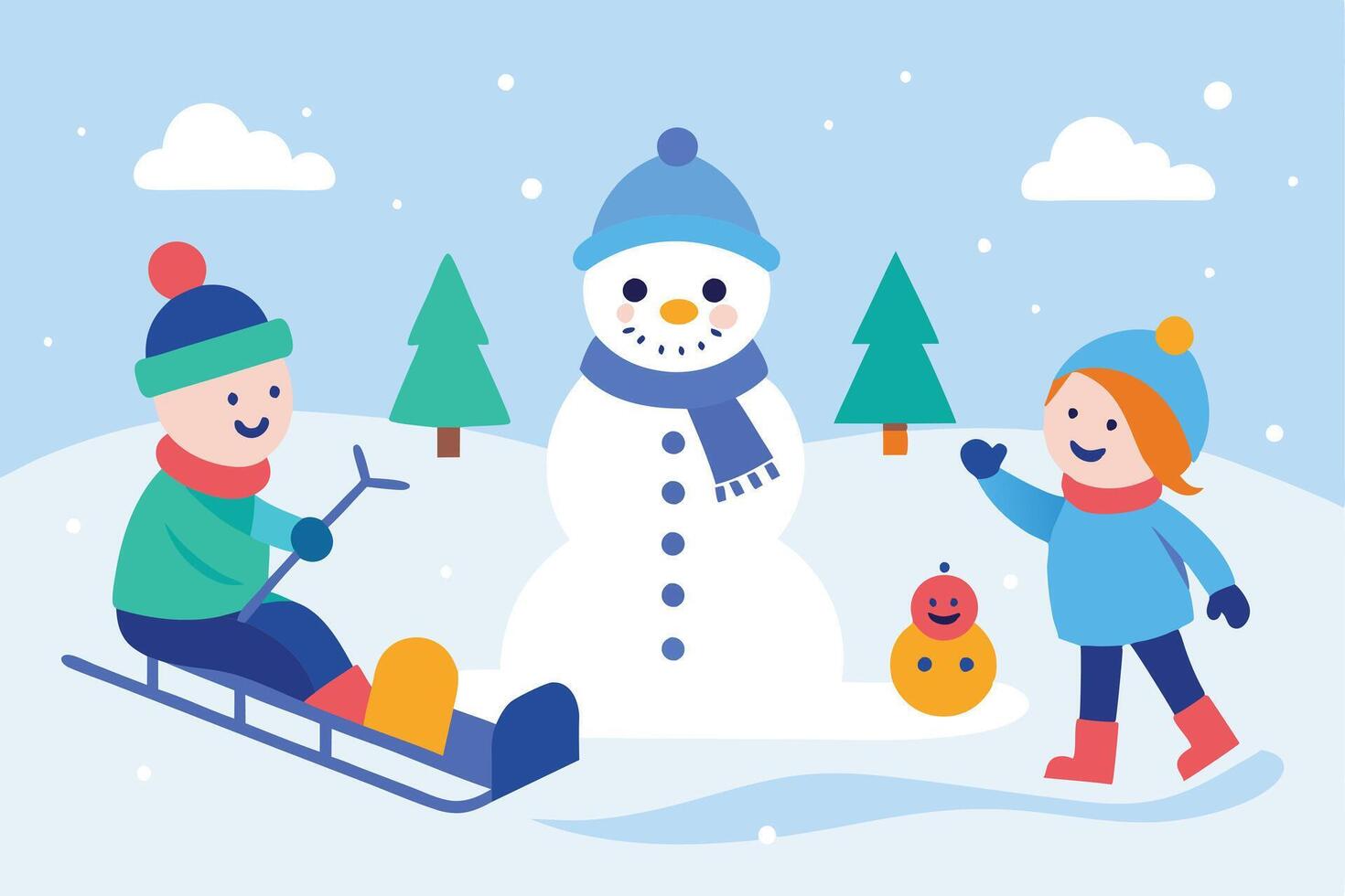 Children Building a Snowman in Winter vector