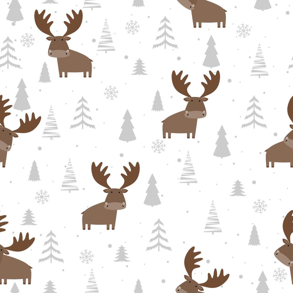 Seamless pattern with moose, Christmas tree and snow. Hand drawn winter forest landscape. vector