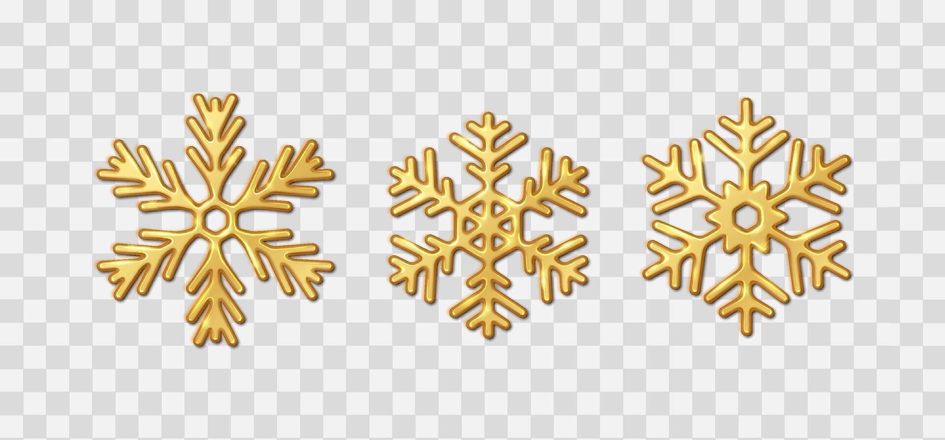 Golden snowflakes shining brightly realistic color icons set. Festive elegant winter Christmas design elements 3d objects bundle vector