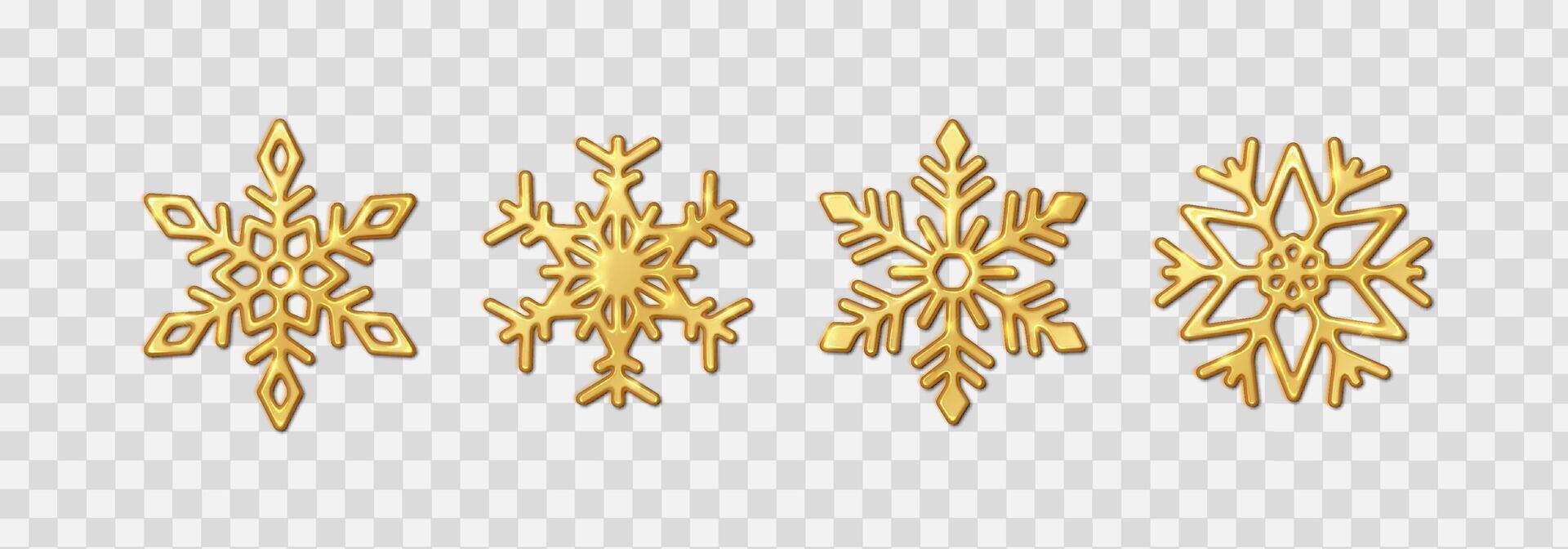 Shiny golden snowflakes with different shapes realistic color icons set. Elegant Christmas decorations 3d objects bundle on background vector
