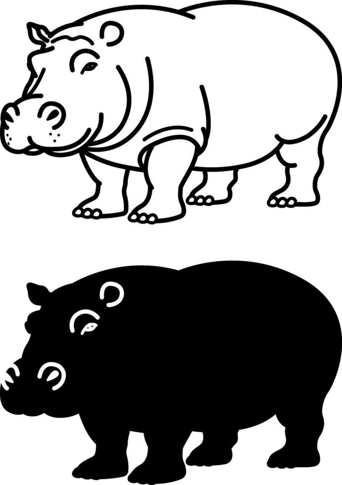 Hippopotamus Icons. Black and White Illustration. Semi-Aquatic Mammal. Large Hippo. For Coloring Book Design. Animal Concept vector