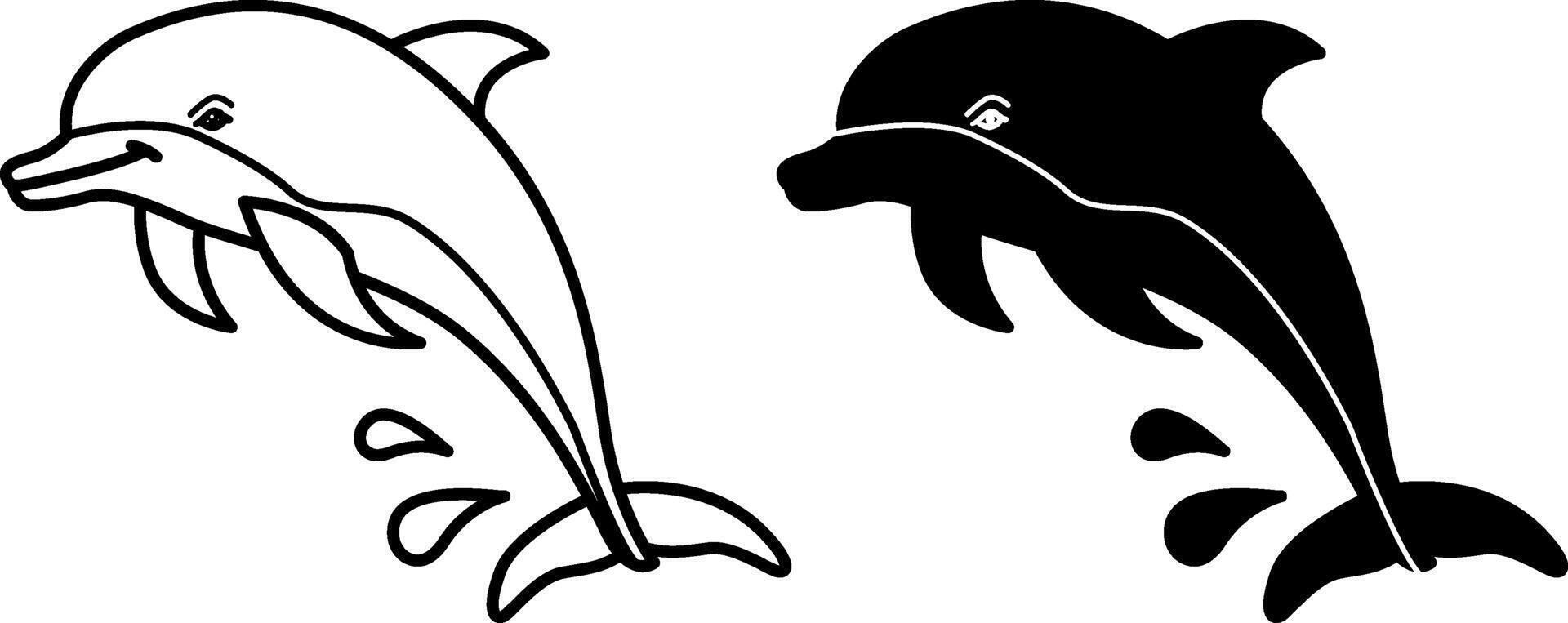 Dolphin Icons. Black and White Illustration. Mammal, Fish. Cute Dolphin with Fins. For Coloring Book Design. Marine Animals Concept vector