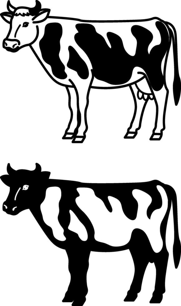 Cow Icons. Black and White Illustration. Female Cattle. Agriculture, Farming. Cow with Horns, Tail, and Hooves. For Coloring Book Design. Domestic Animals Concept vector