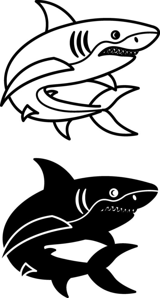 Shark Icons. Black and White Illustration. Mammal, Fish. Dangerous Shark with Teeth. For Coloring Book Design. Marine Animals Concept vector