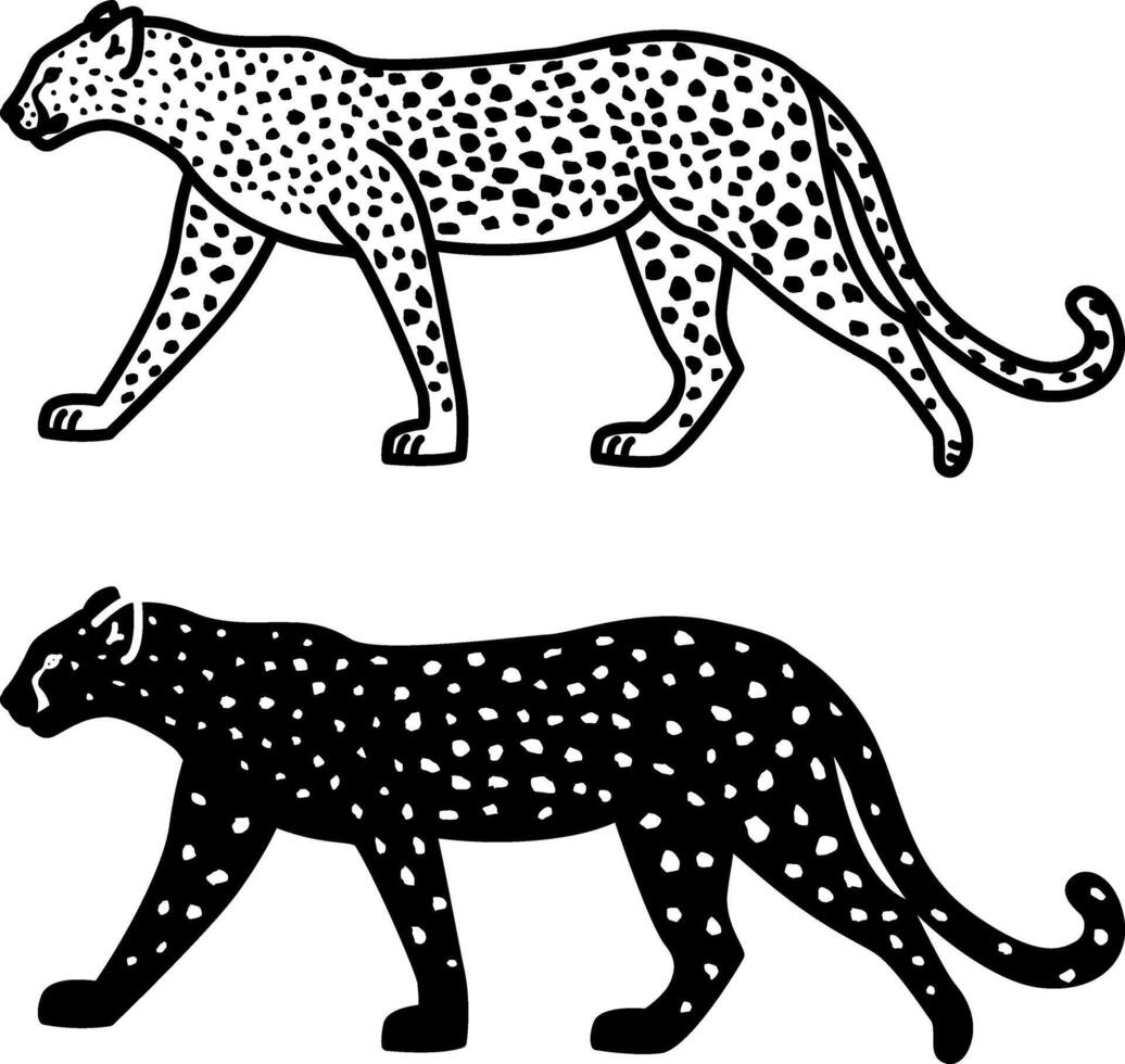 Leopard Icons. Black and White Illustration. Predatory Mammal, Leopard, Wild Cat. Symbol of Ferocity and Fearlessness. For Coloring Book Design. Animal Concept vector