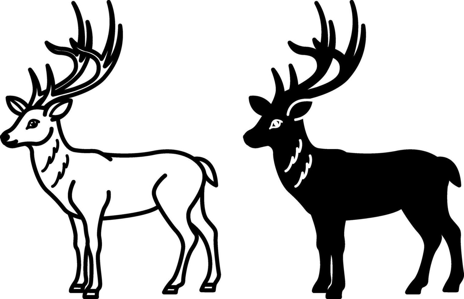 Deer Icons. Black and White Illustrations. Mammal. Cute Deer with Antlers. For Coloring Book Design. Animal Concept vector