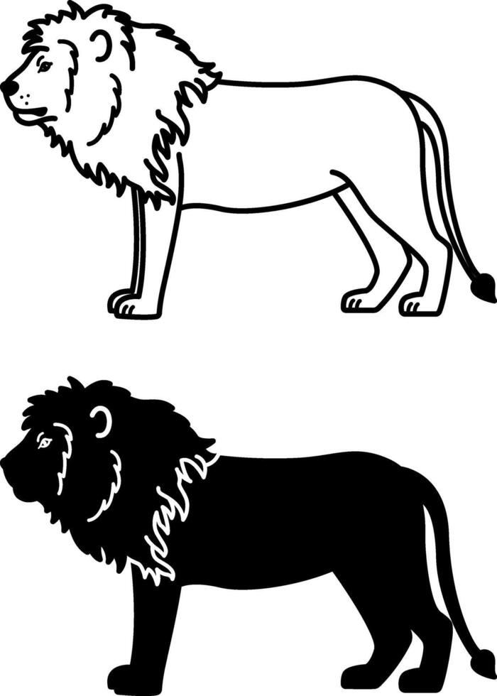 Lion Icons. Black and White Illustrations. Carnivorous Mammal, Wild Cat. Lion with Big Mane and Long Tail. For Coloring Book Design. Animals Concept vector