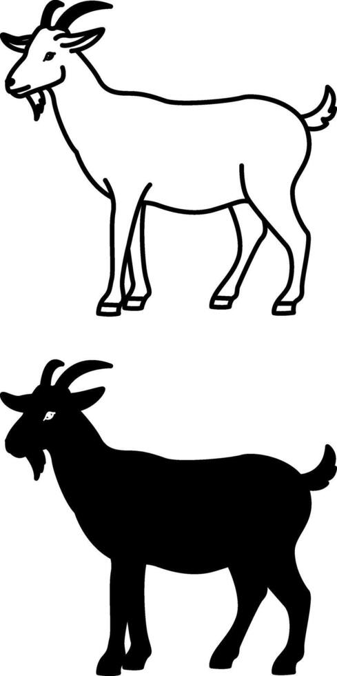 Goat Icons. Black and White Illustration. Horned Ruminant Animal with Long Straight Hair, Hooves, and Horns. Agriculture, Farming. For Coloring Book Design. Domestic Animals Concept vector