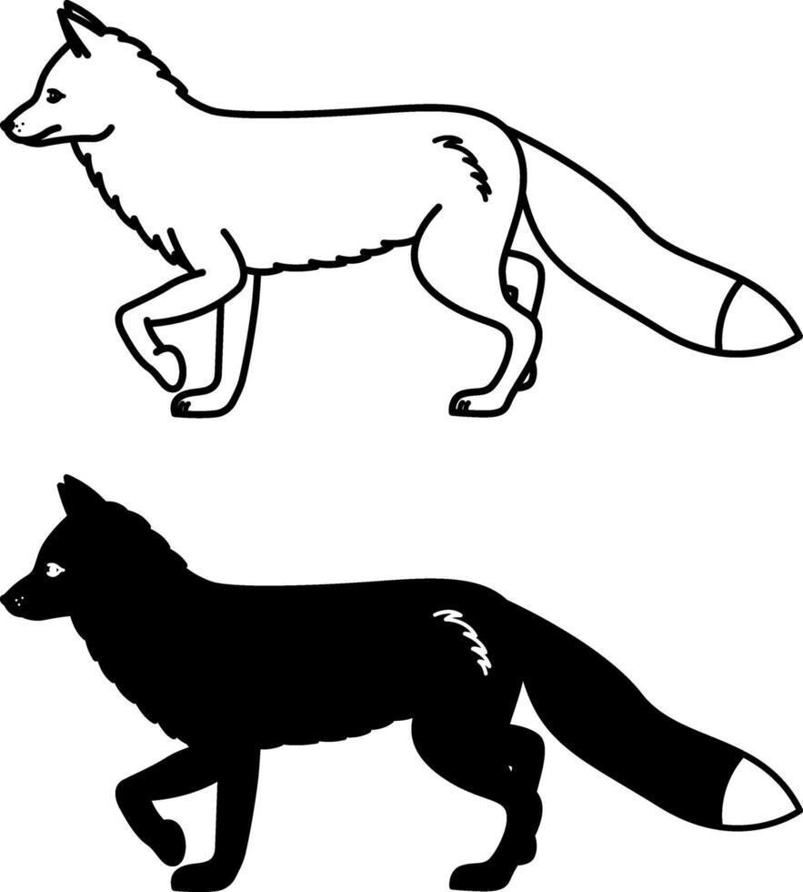 Fox Icons. Black And White Illustration. Predatory Mammal. Cute Fox With Fluffy Big Tail. Symbol Of Cunning. For Coloring Book Design. Animal Concept vector