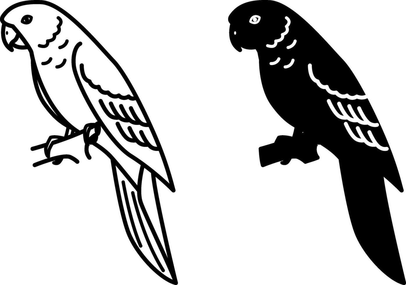 Parrot Icons. Black and White Illustration. Tropical Bird. Domestic Parrot on Branch. For Coloring Book Design. Animals Concept vector