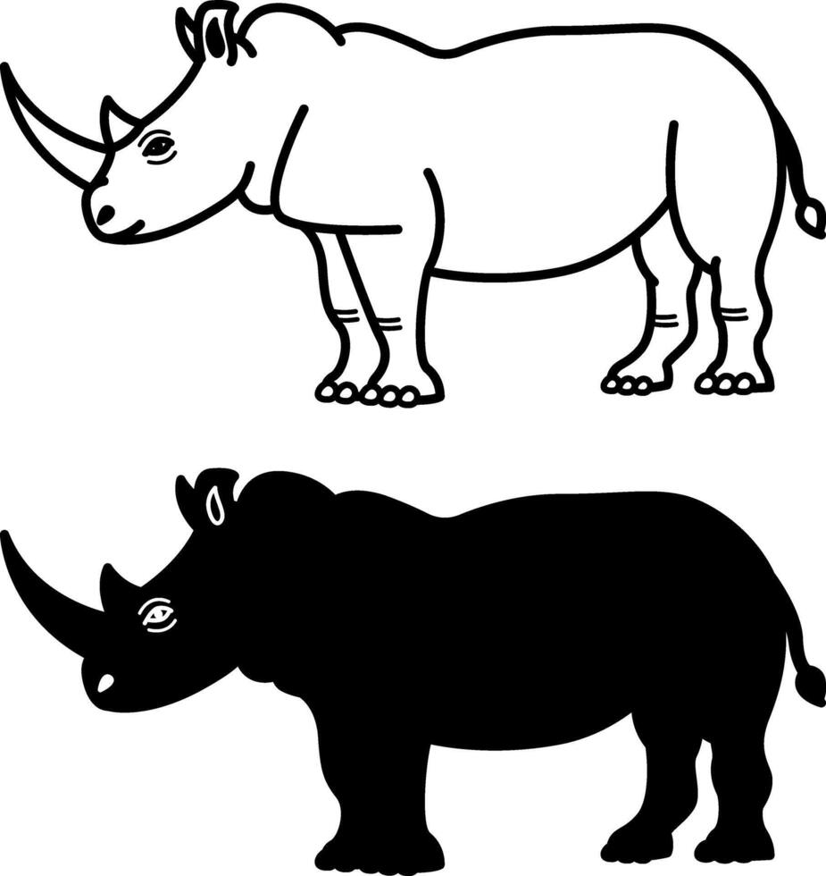 Rhino Icons. Black and White Illustration. Large Mammal. Rhinoceros with Massive Body, Thick Limbs, and Horn on Muzzle. For Coloring Book Design. Animal Concept vector