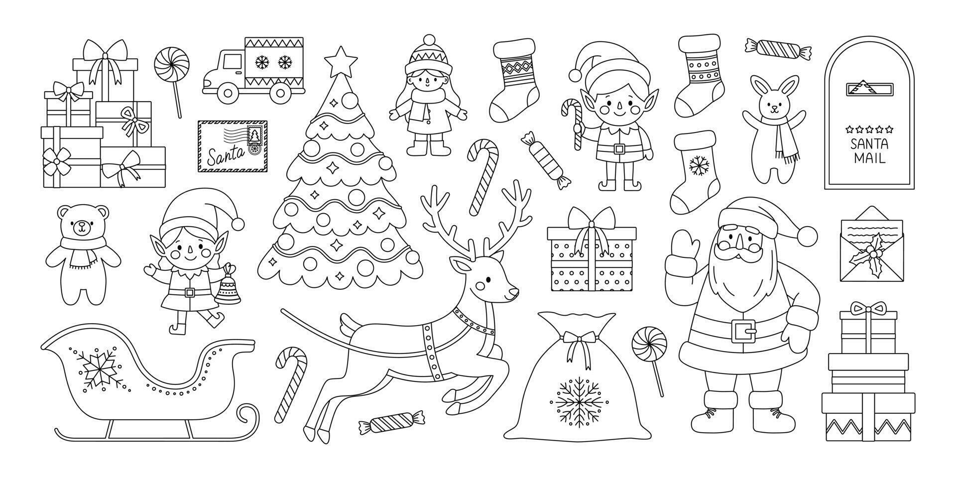Christmas set coloring page. Outline set with Santa Claus, elves, deer, sleigh, sack, tree, gifts, toys, mailbox, letters, stocking and candies. Santa mail. Holiday collection. Coloring book for print vector