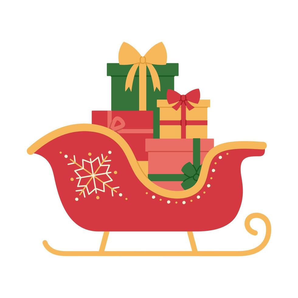 Christmas Santa Claus sleigh with gift boxes with bows. Holiday presents in red and yellow sledge with snowflake. Xmas and New Year celebration. Flat illustration isolated on white background vector