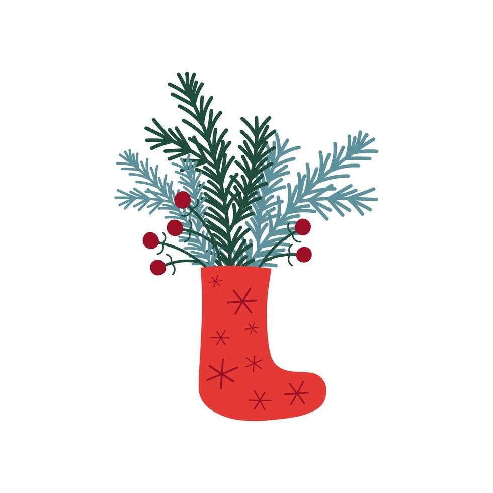 Festive winter illustration with Christmas stocking for gifts with a bouquet of fir branches and berries on an isolated background. Xmas design element for a flyer, postcard, congratulation, print vector