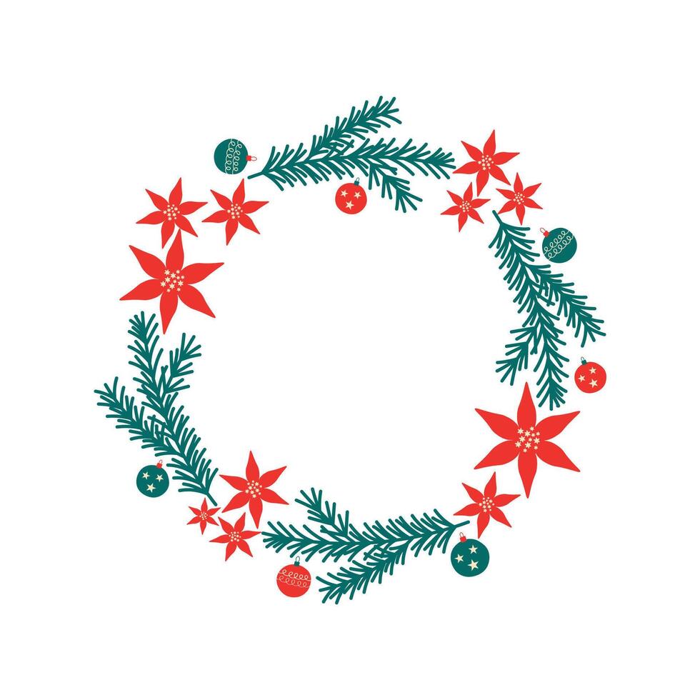 Frame with coniferous branches, red winter flowers Poinsettia, Christmas tree toys. Hand drawn colourful festive border with plants for text. For greetings, invitations, New Year, Christmas vector