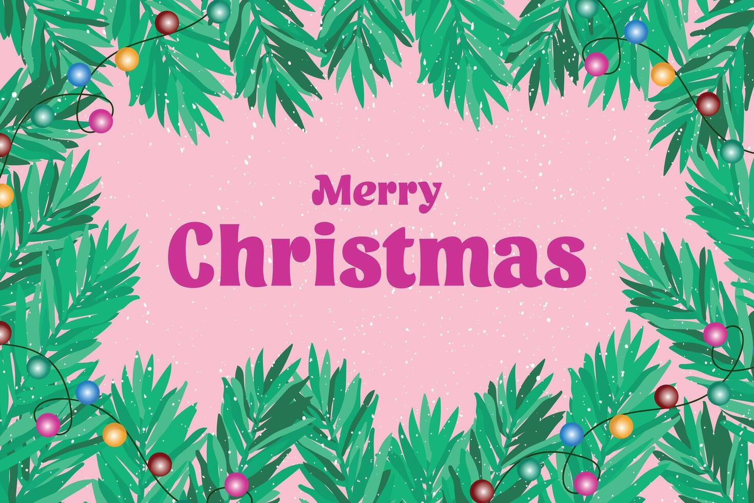 Merry Christmas greeting card, horizontal banner, Christmas background. Holiday design with typography, fir tree branches, toys. vector