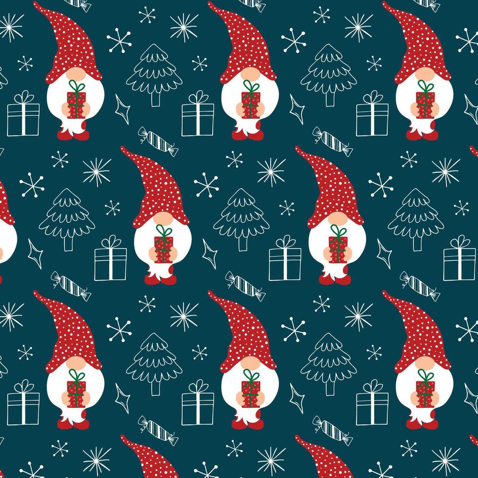Christmas background with gnomes and Christmas attributes in doodle style. vector