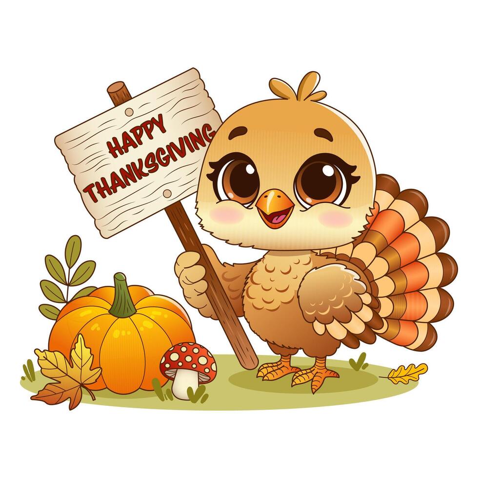 Adorable Thanksgiving cartoon turkey holding a 'Happy Thanksgiving' sign, surrounded by pumpkins, leaves, and mushrooms vector