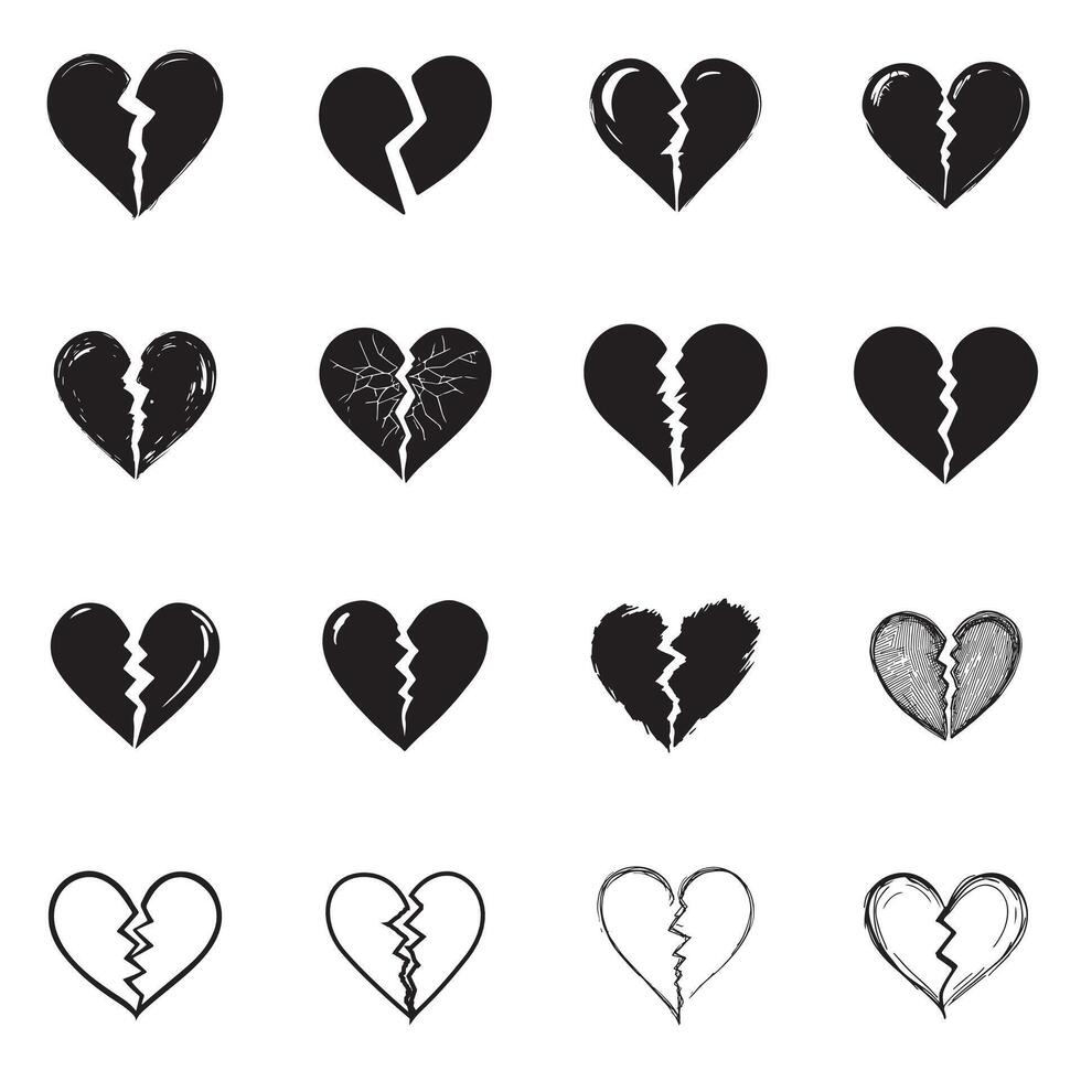 Collection of different black broken heart flat icons, Hand drawn hearts.Symbol icon set vector