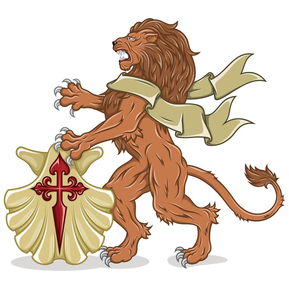 Rampant lion with ribbon and seashell vector