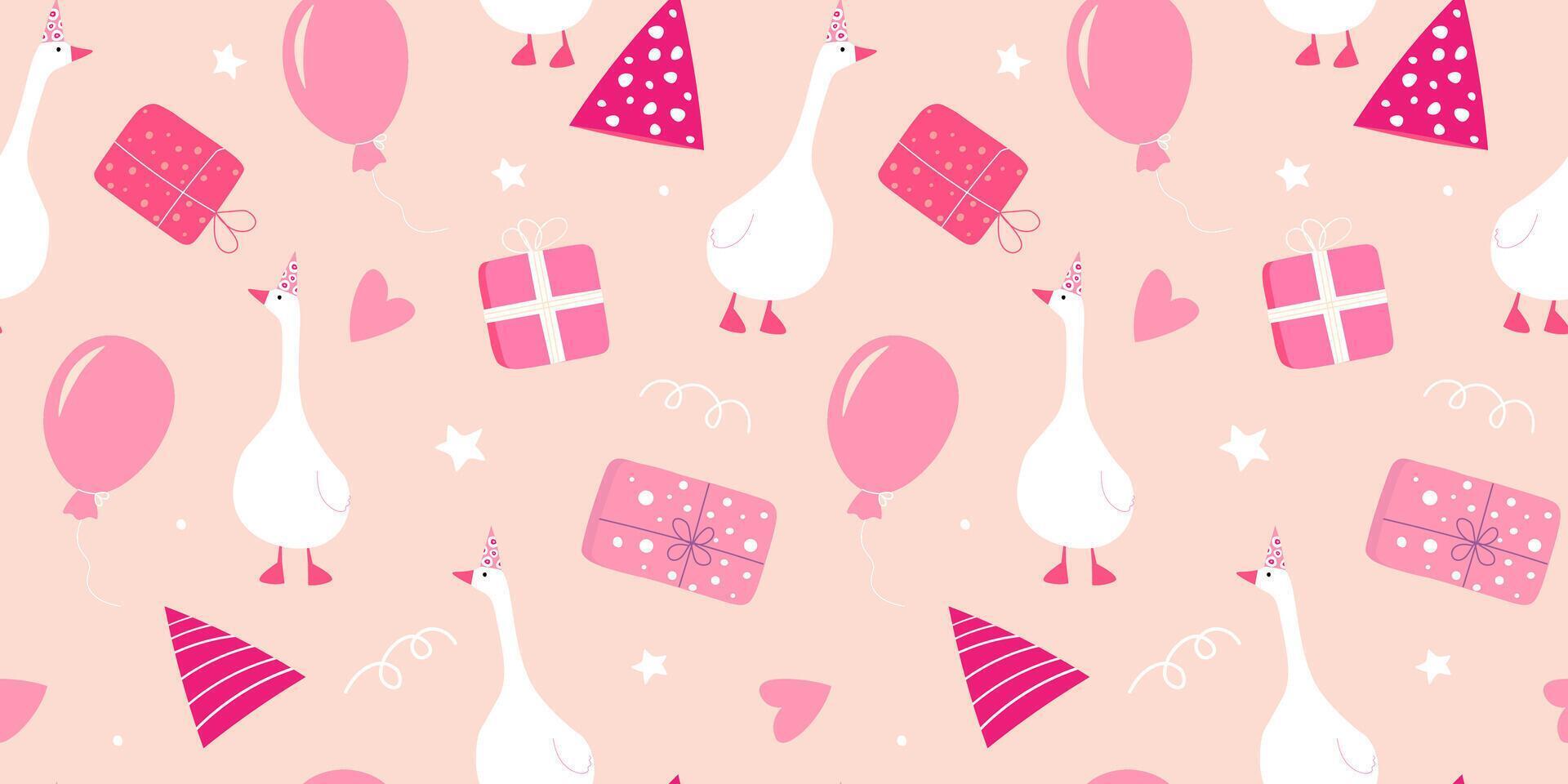 Seamless pattern with geese, gifts, balloons on a background of abstract hearts and stars. Festive and cheerful print. vector