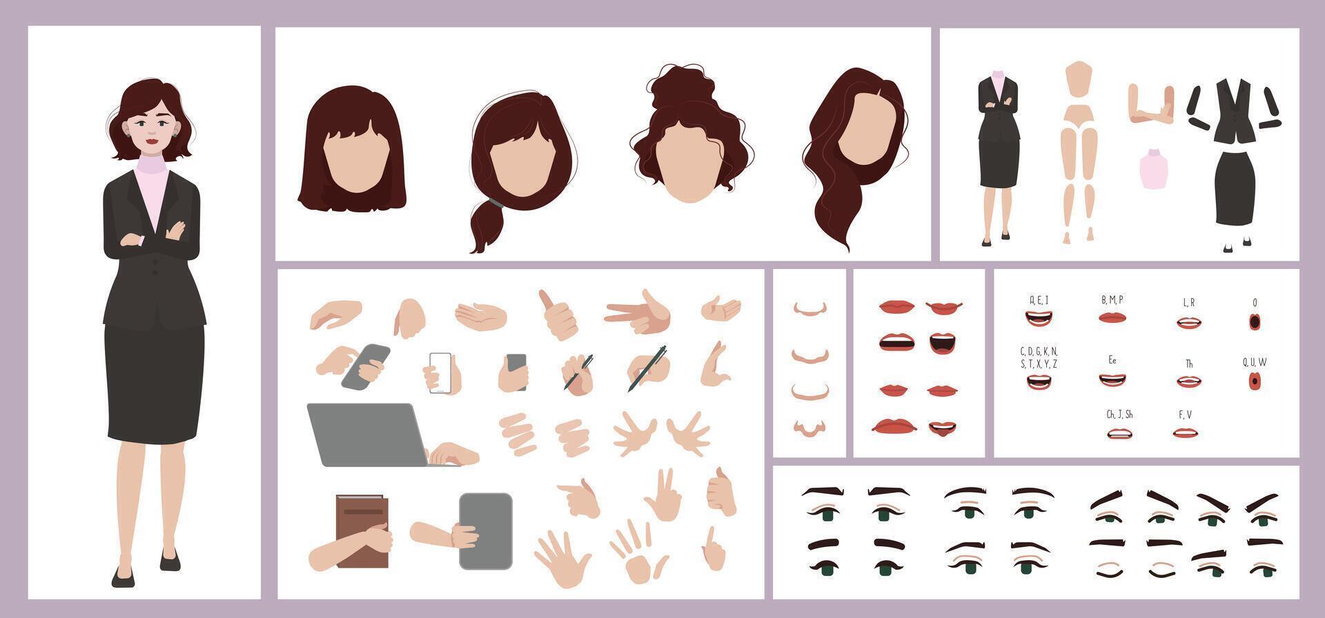 Red haired business woman constructor for animation. vector