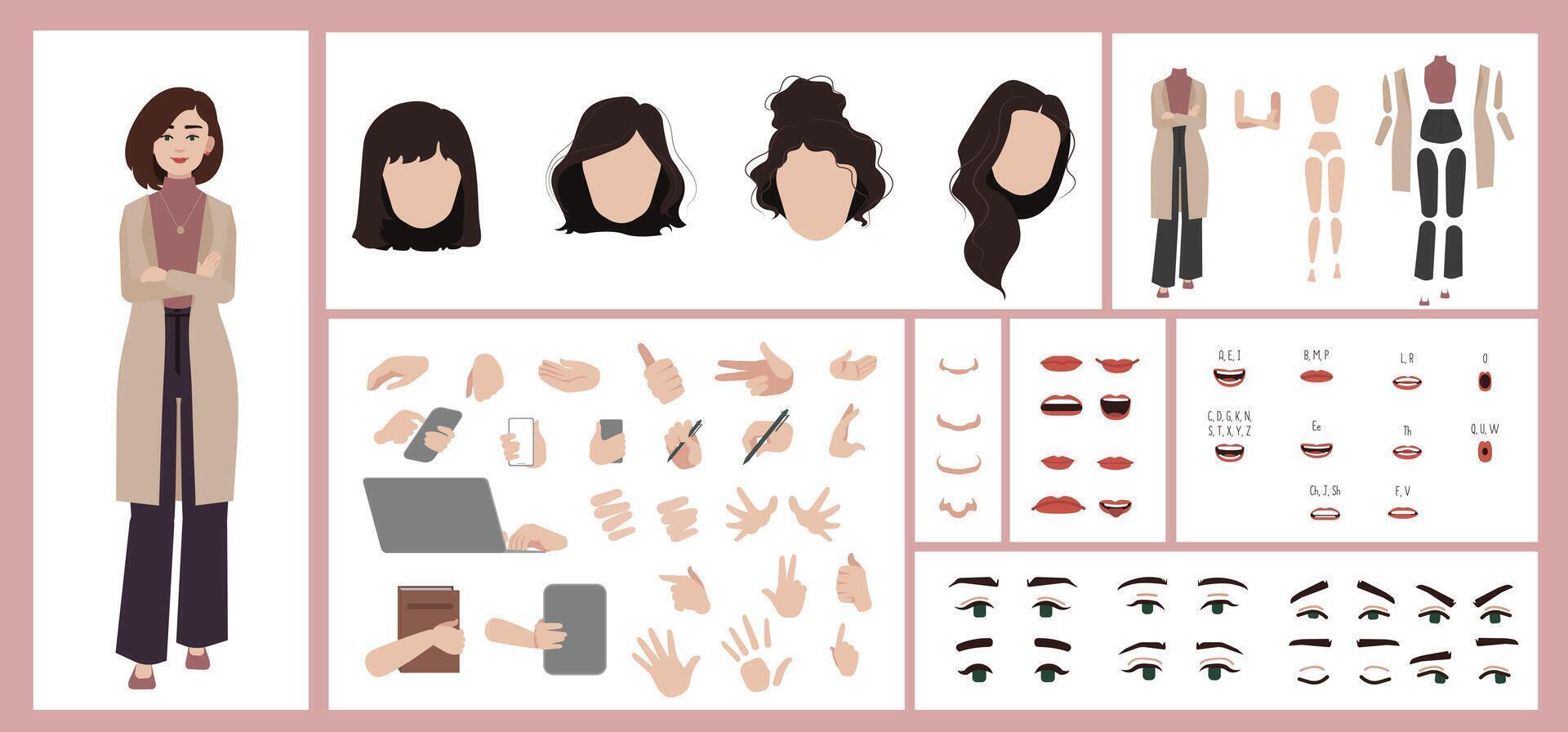 Brown haired business woman constructor for animation. vector