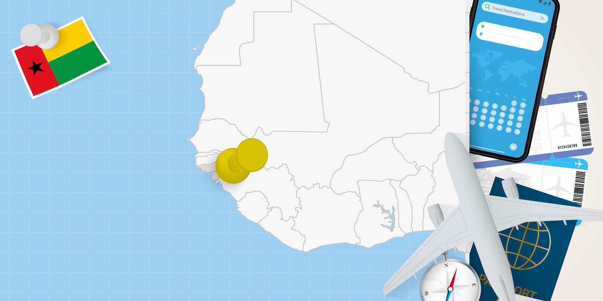 Travel to Guinea-Bissau concept, map with pin on map of Guinea-Bissau. Vacation preparation map, flag, passport and tickets. vector