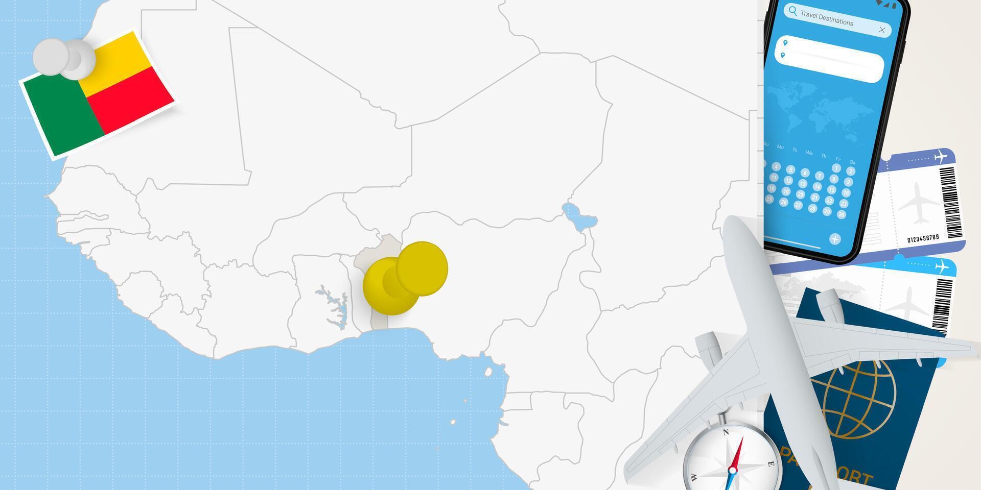 Travel to Benin concept, map with pin on map of Benin. Vacation preparation map, flag, passport and tickets. vector