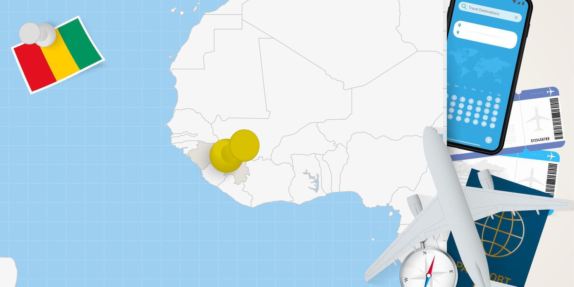 Travel to Guinea concept, map with pin on map of Guinea. Vacation preparation map, flag, passport and tickets. vector
