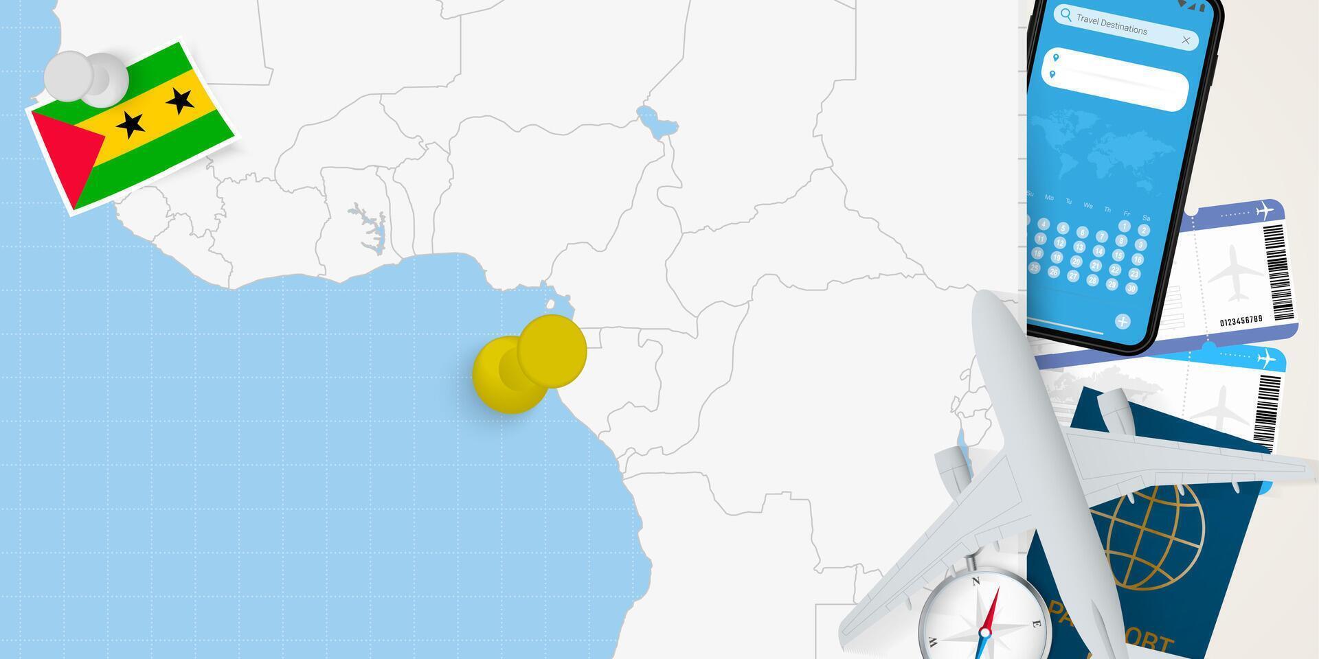 Travel to Sao Tome and Principe concept, map with pin on map of Sao Tome and Principe. Vacation preparation map, flag, passport and tickets. vector