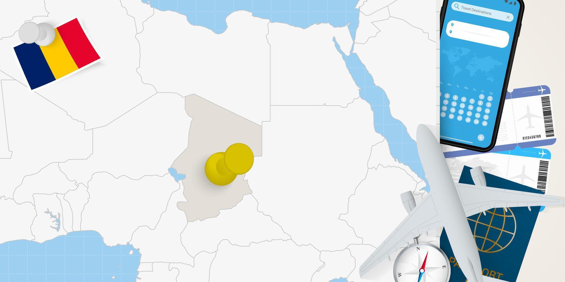 Travel to Chad concept, map with pin on map of Chad. Vacation preparation map, flag, passport and tickets. vector
