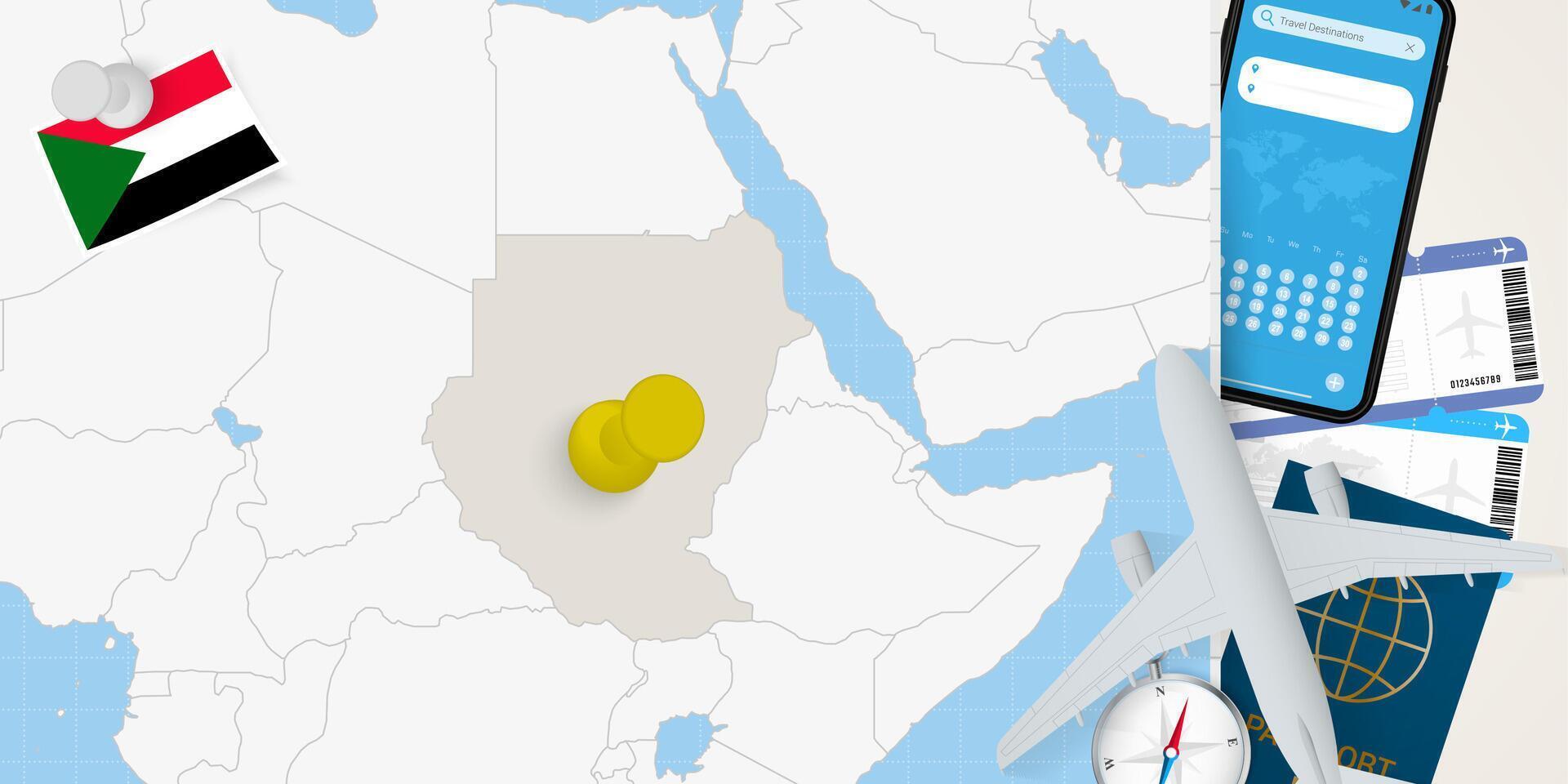 Travel to Sudan concept, map with pin on map of Sudan. Vacation preparation map, flag, passport and tickets. vector