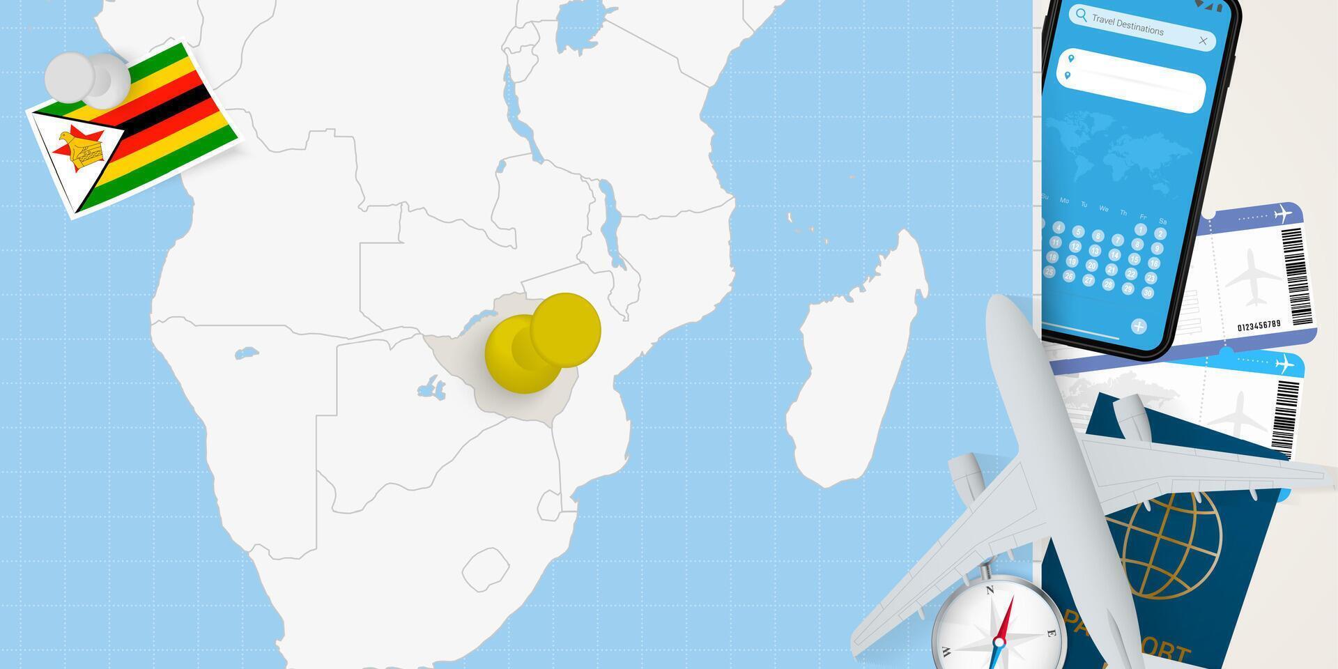 Travel to Zimbabwe concept, map with pin on map of Zimbabwe. Vacation preparation map, flag, passport and tickets. vector