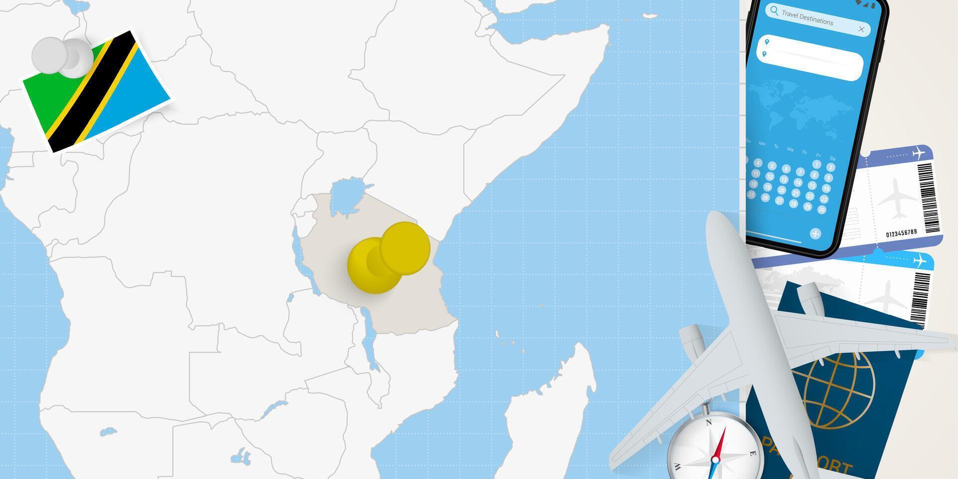 Travel to Tanzania concept, map with pin on map of Tanzania. Vacation preparation map, flag, passport and tickets. vector