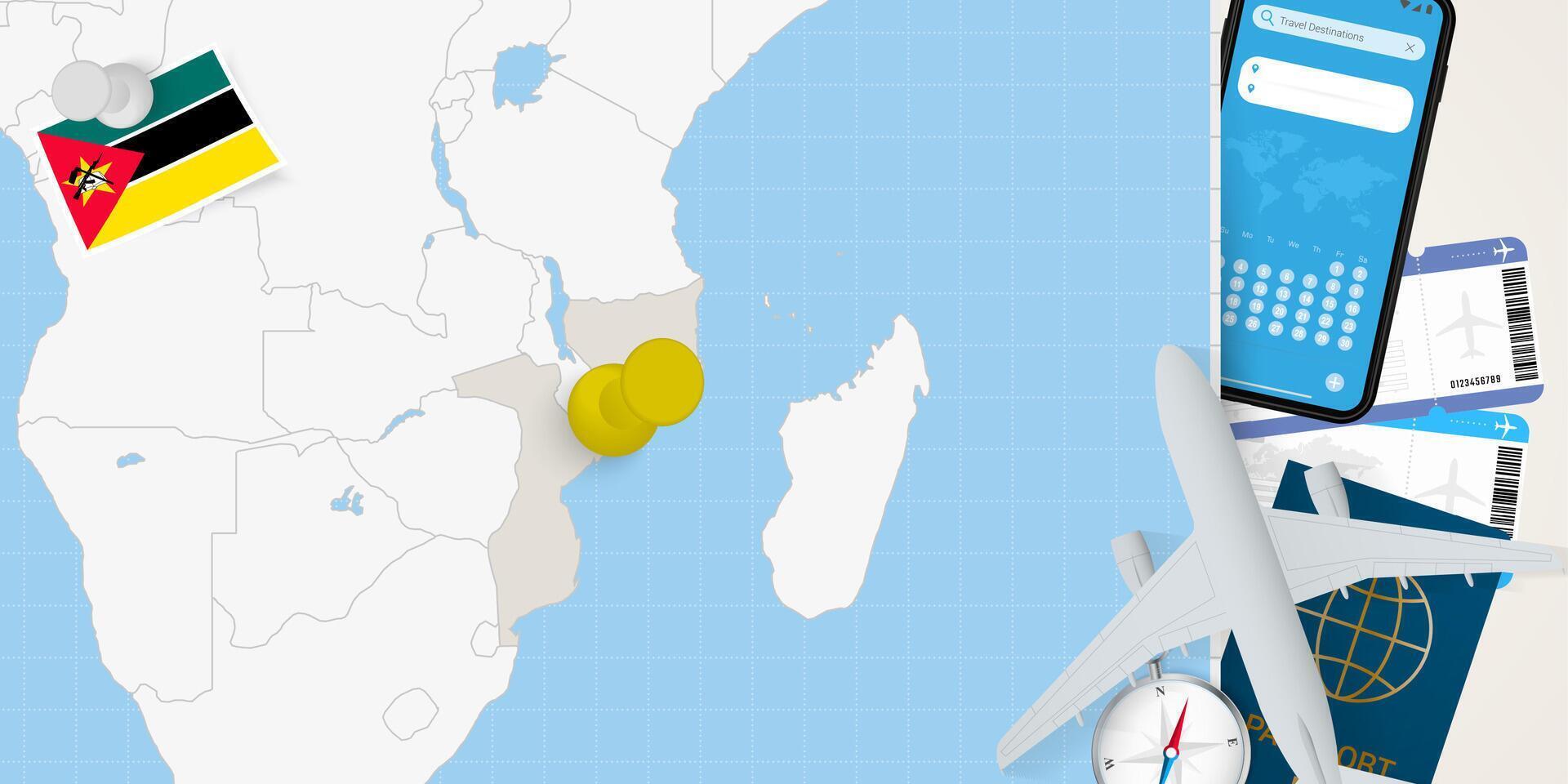 Travel to Mozambique concept, map with pin on map of Mozambique. Vacation preparation map, flag, passport and tickets. vector