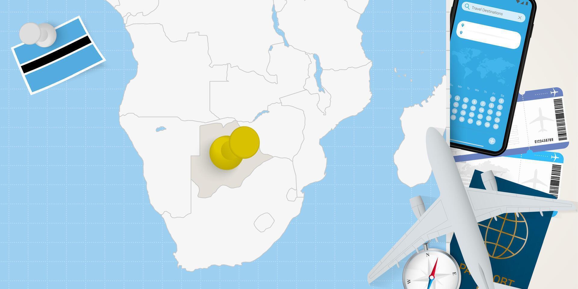 Travel to Botswana concept, map with pin on map of Botswana. Vacation preparation map, flag, passport and tickets. vector