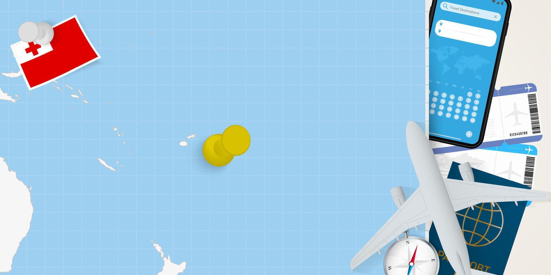 Travel to Tonga concept, map with pin on map of Tonga. Vacation preparation map, flag, passport and tickets. vector