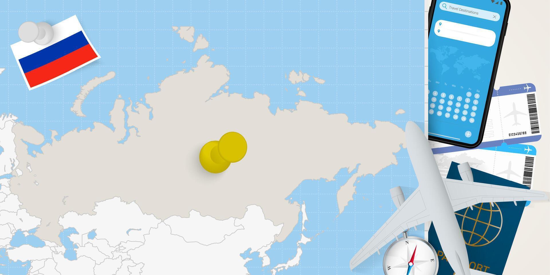 Travel to Russia concept, map with pin on map of Russia. Vacation preparation map, flag, passport and tickets. vector