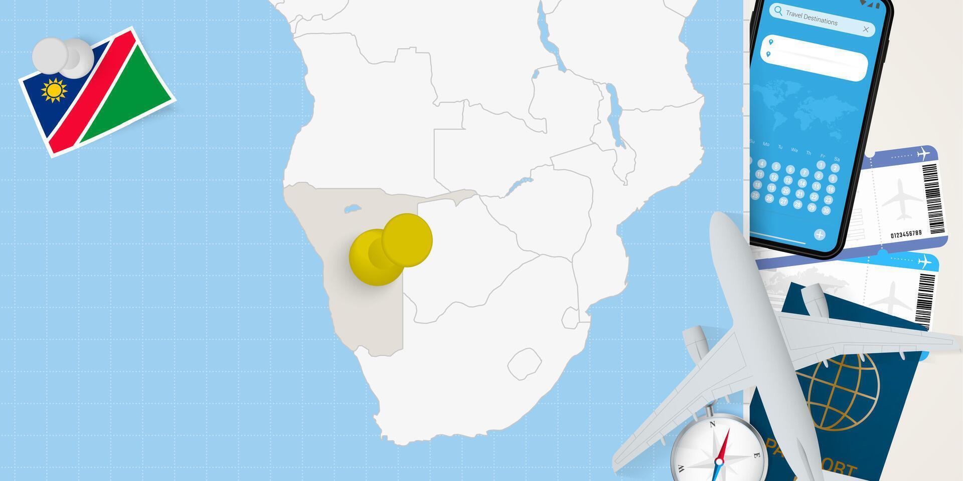 Travel to Namibia concept, map with pin on map of Namibia. Vacation preparation map, flag, passport and tickets. vector