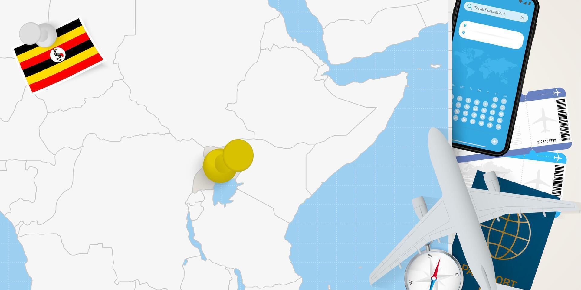 Travel to Uganda concept, map with pin on map of Uganda. Vacation preparation map, flag, passport and tickets. vector