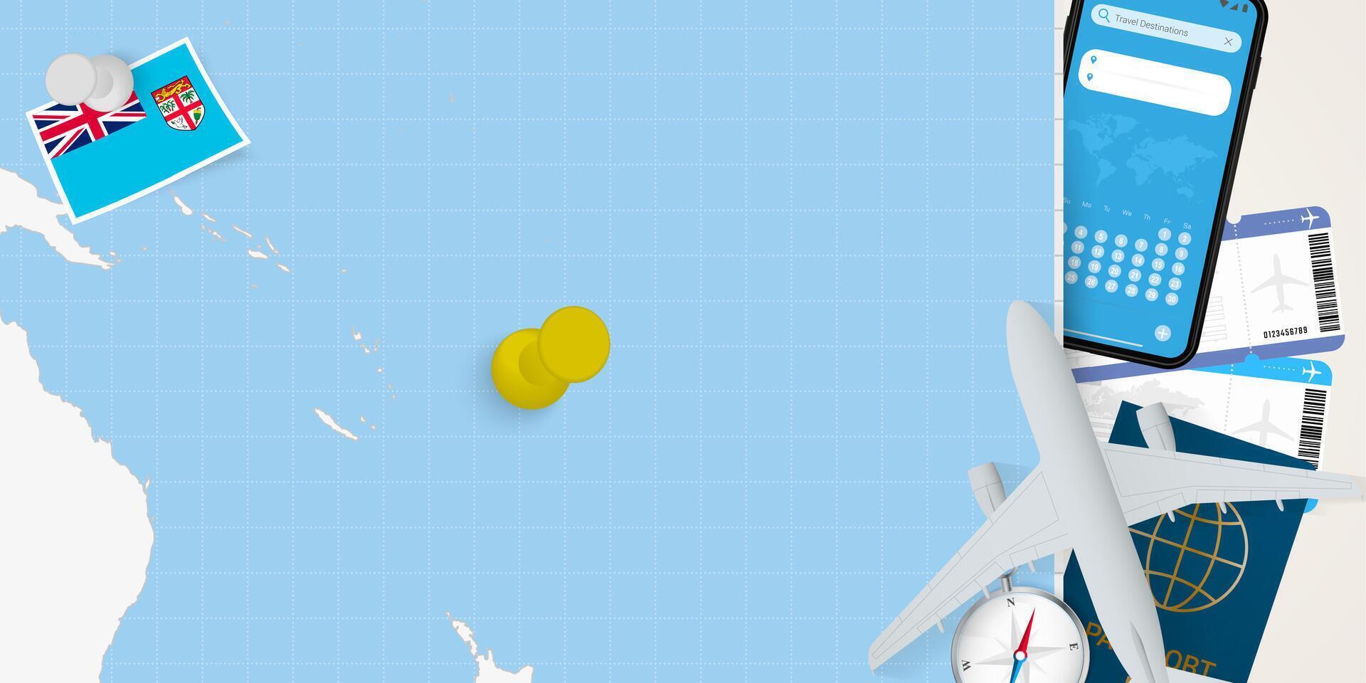 Travel to Fiji concept, map with pin on map of Fiji. Vacation preparation map, flag, passport and tickets. vector