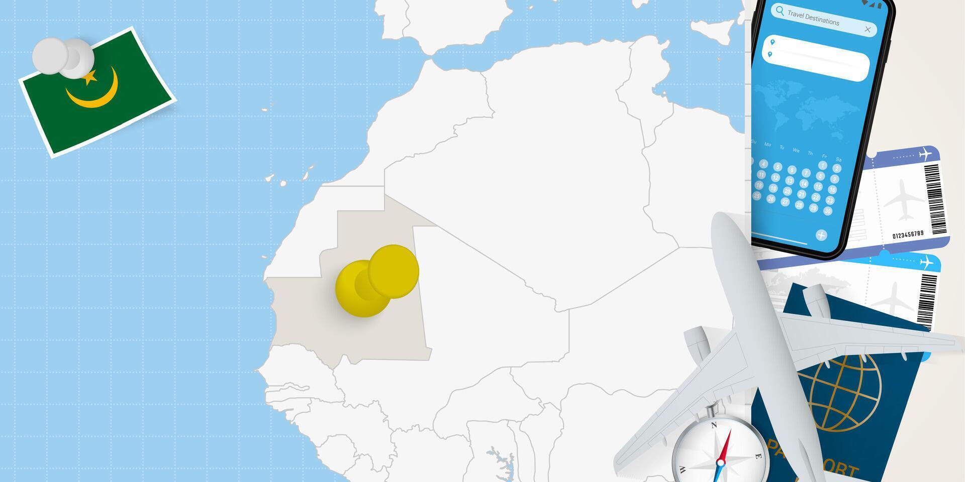 Travel to Mauritania concept, map with pin on map of Mauritania. Vacation preparation map, flag, passport and tickets. vector