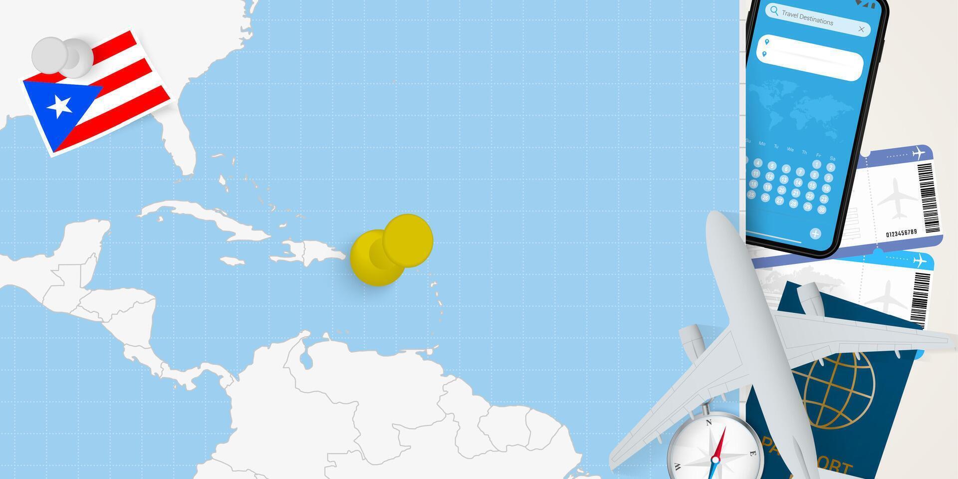 Travel to Puerto Rico concept, map with pin on map of Puerto Rico. Vacation preparation map, flag, passport and tickets. vector